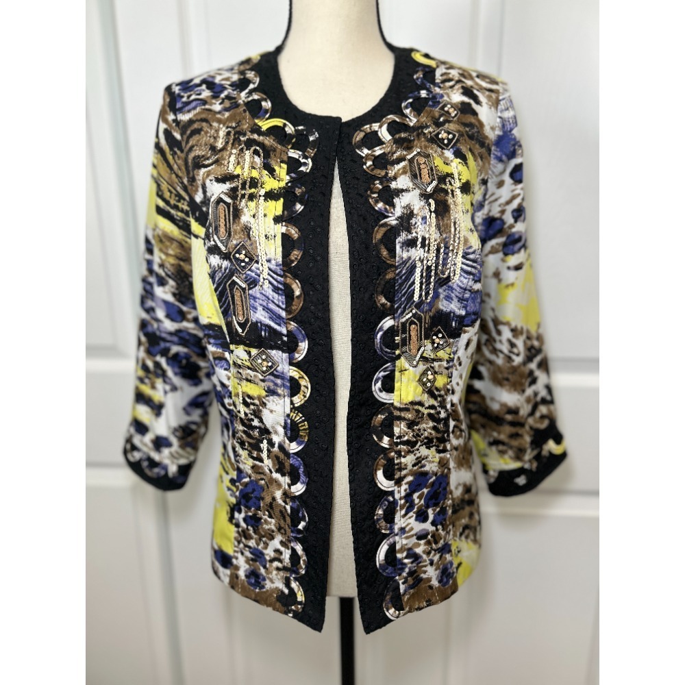 CHICOS Sequin Multicolor Splendor Open Blazer Jacket Medium Animal Beaded Size 1